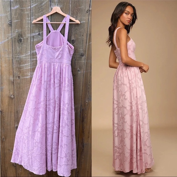 Mauve Pink Halter Floral Chiffon Burnout Jacquard Dress 🌿 - Picture 3 of 10